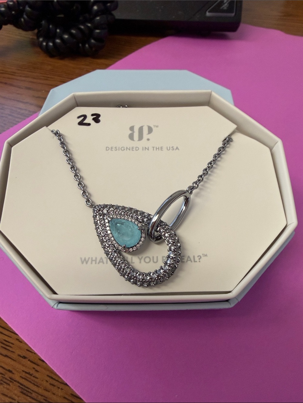 Bomb Party Designed in the USA Silver Teardrop Necklace with Aqua Stone